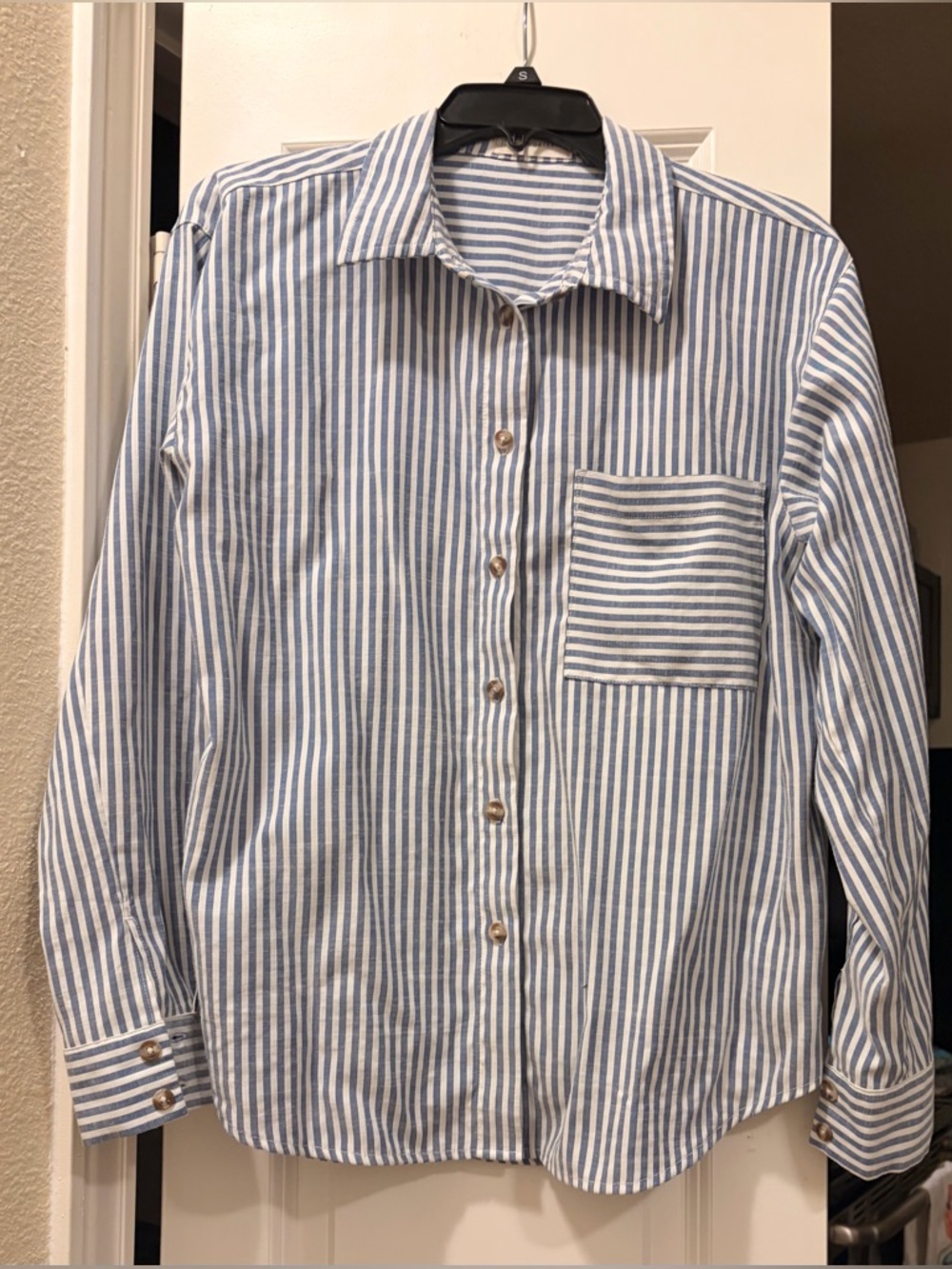 By Together Blue and White Vertical Stripe Button-Down Oversized Shirt